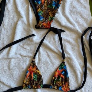 Tropical Print Bikini with Black Ties